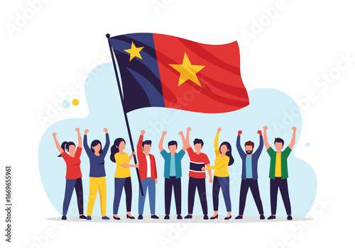 People holding a flag with raised hands celebrating unity and a shared vision