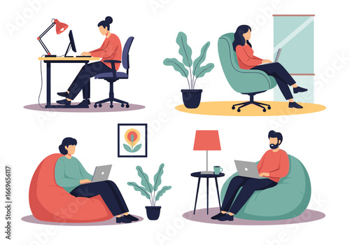 Diverse individuals working independently in comfortable home office environments enjoying modern workspace setup