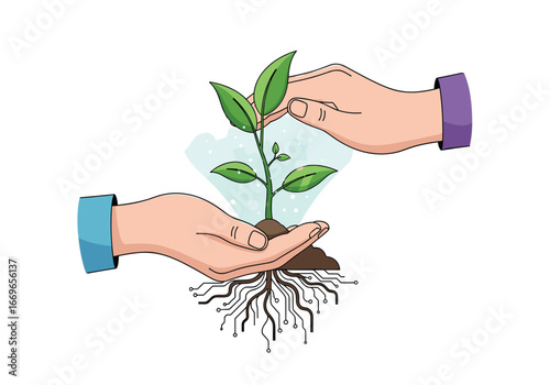 Hands nurturing a small plant with visible roots and circuitry below indicating growth