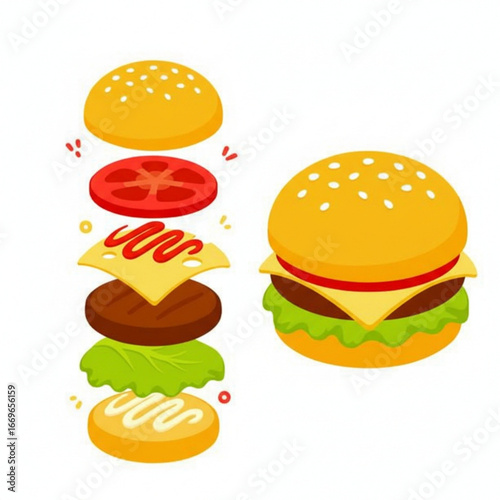 Burger Creation A Colorful Illustration of Exploded and Assembled Cheeseburgers