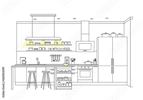 Modern kitchen design with open shelving and built in appliances drawing