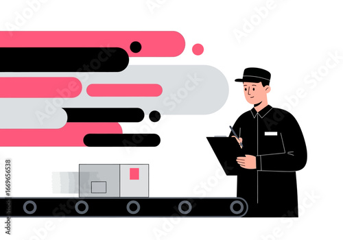 Delivery worker checks package on conveyor belt with abstract lines.