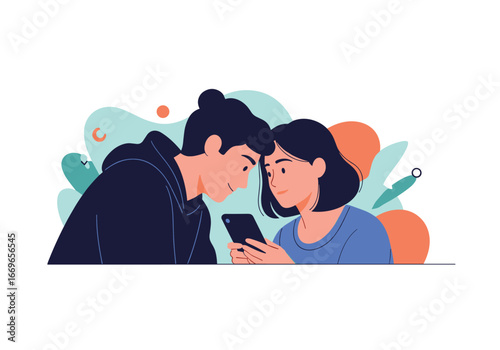 Young couple sharing a moment looking at a smartphone together in a tender embrace