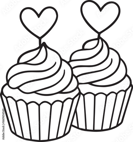 Cupcakes with Hearts: Delightful cupcakes, each adorned with a delicate heart, symbolizing love and affection. This monochrome image evokes a sense of sweetness and heartfelt connection.