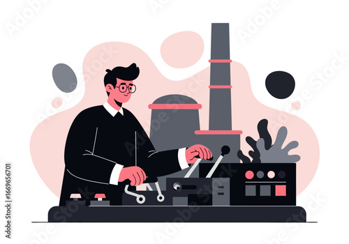 Focused Industrial Worker Operating Machinery.