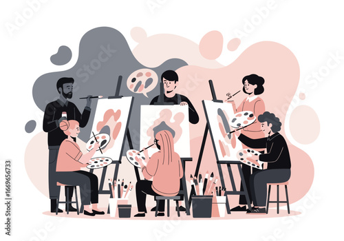 Group Art Class Painting Session.