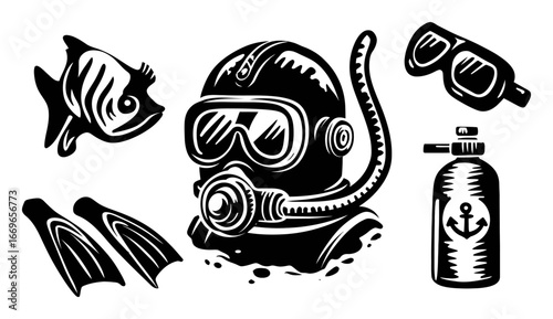 Vintage Black and White Dive Equipment and Marine Life Illustration