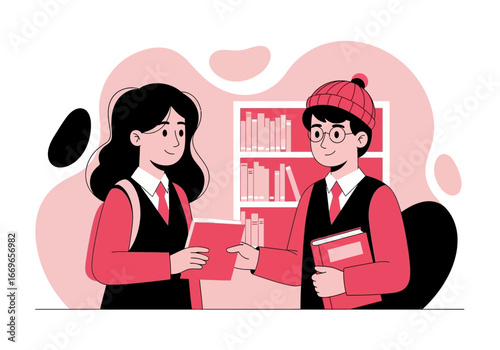 School Children Exchanging Books in Library.