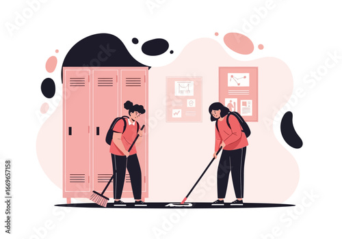 Students Cleaning School Floor.