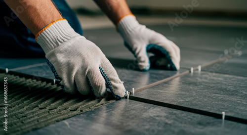 A man in work gloves installing large gray ceramic tiles on the floor. Home renovation and construction concept for interior design.