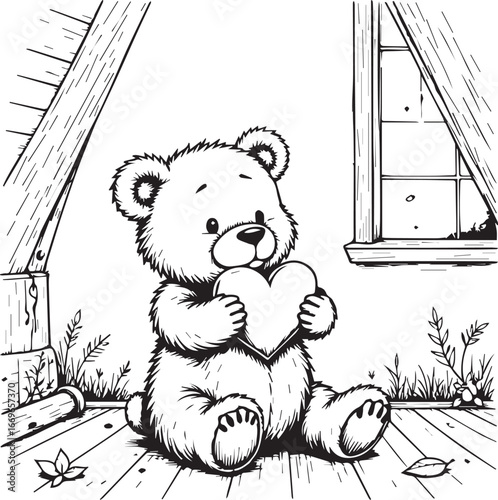 Teddy Bear's Tender Embrace: An endearing teddy bear tenderly clutches a heart, evoking sentiments of comfort, love, and warmth in a quaint, simple setting.