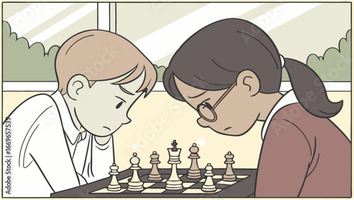 Two Young Chess Players Concentrating on the Game.