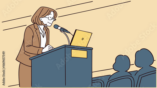 Woman Giving a Presentation at a Podium with Audience Members.