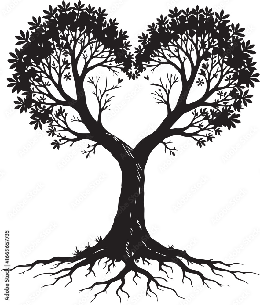 Obraz premium Heart-Shaped Tree Silhouette: An artistic black silhouette of a tree, elegantly shaped into a heart.