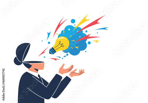 Person conceptualizes bright idea exploding from open head above cupped hands illustration