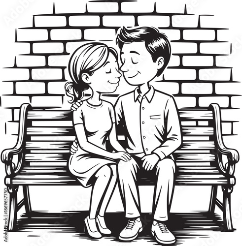 Sweet Embrace: A tender moment captured between a couple sharing an intimate moment, seated intimately on a bench with a brick wall background