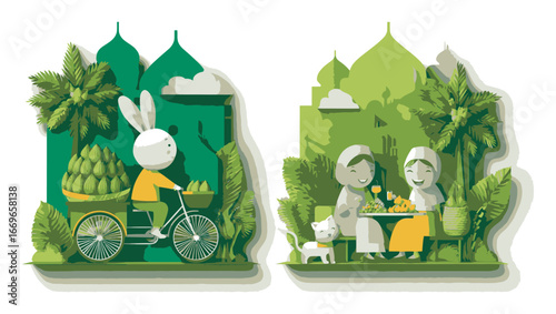 Colorful Illustration of Rabbit Delivering Fruit and Friends Dining Together