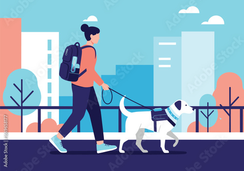 A person walks a service dog through a modern city environment on a bright day