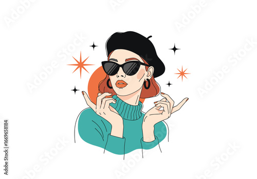 Chic woman with beret and sunglasses poses confidently and stylishly