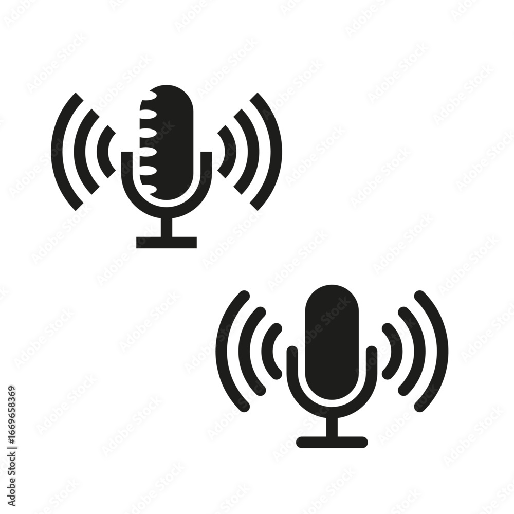 Microphone icon symbol. Voice sound waves. Speaking audio tool. Vector conversation emblem. Microphone icon symbol. Voice sound waves. Speaking audio tool. Vector conversation emblem.