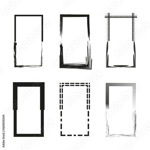 Distressed frames collection. Grunge style borders. Rough dirty texture. Vector messy rectangles.