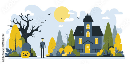Halloween Scene with Cartoon Policeman and Spooky House in Flat Design