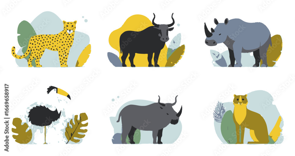 Obraz premium Colorful Cartoon Animals with Nature Elements in Flat Design Style