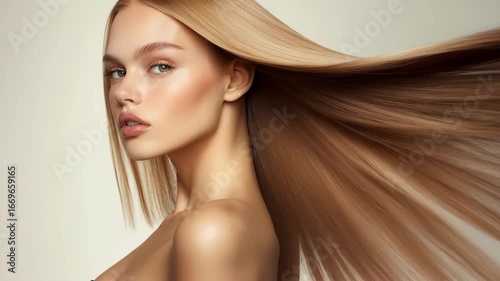 Beautiful woman model with long blond silky shining hair in motion turning to camera.Slow motion video.AI Generative.