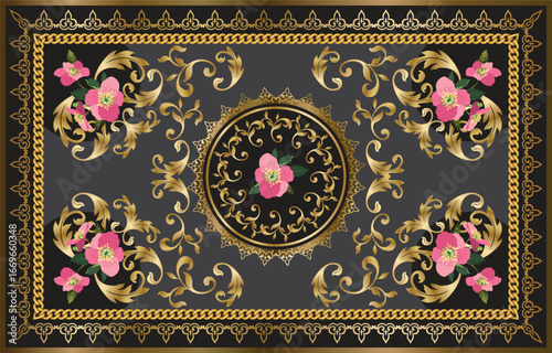 Black and gold luxury leaves background. Vector ornament pattern. Paisley elements. Luxury, Rococo, Persian, Baroque Carpet Design.
