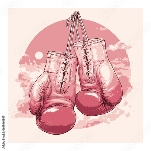Vintage Cartoon Style Boxing Gloves Hanging on a Soft Pink Background