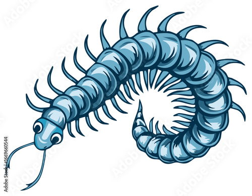 Blue Centipede Illustration With Legs and Eyes Design With Rounded Body
