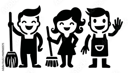 Happy Cleaning Characters in Minimalist Style with Tools and Smiles