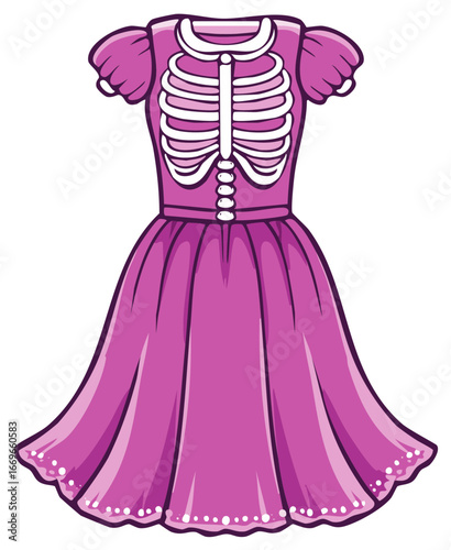 Vibrant magenta skeleton design dress spooky party attire illustration