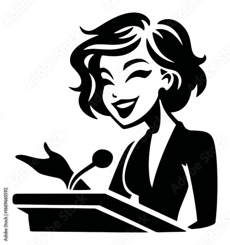 Joyful Speaker at Podium Engaging Audience with Enthusiastic Presentation