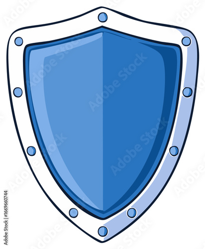 Cartoon style medieval shield with metal edging, rivets, and blue colored inlays offering symbol of protection, defense, and security.