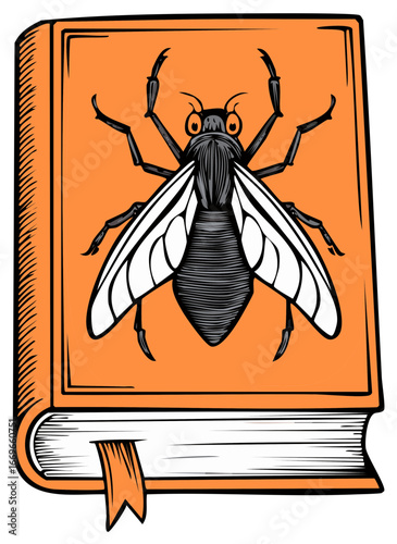 A black fly perched on an orange book with a bookmark and stylized woodcut design.