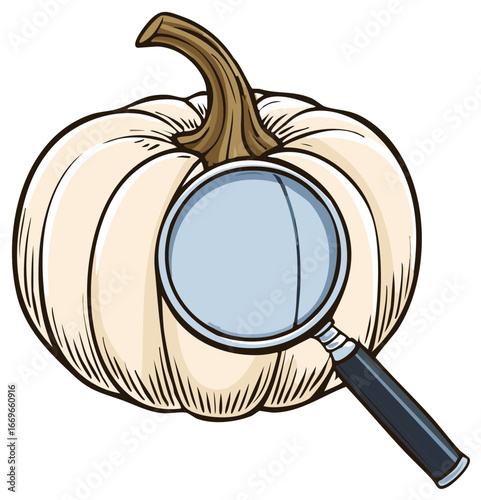 White pumpkin with a magnifying glass examining its surface in a detailed illustration