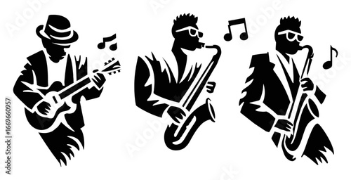 Stylish Black and White Musicians Playing Guitar and Saxophone in Harmony