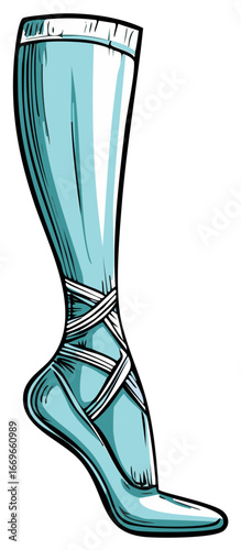 Illustration of Light Blue Ballet Slipper with White Ribbons and a Calf High Sock