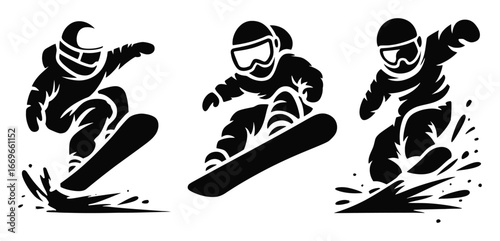 Three Dynamic Snowboarders in Action Silhouettes on a White Background