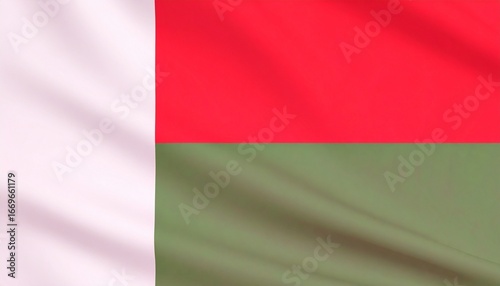 Create a realistic digital rendering of the Madagascar flag with fabric texture and symbolic color arrangement.