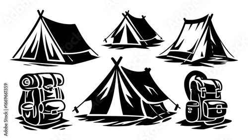 Black and White Vintage Camping Tents and Backpacks Illustrations