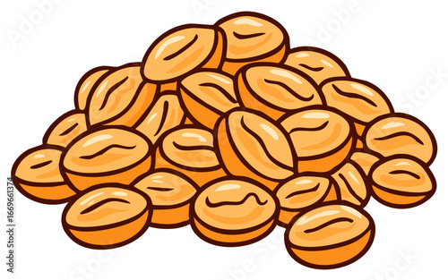 Illustration of a pile of coffee beans with light and dark orange color variations, isolated.