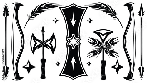 A collection of fantasy weapons including bows arrows axes and a central totem pole design element