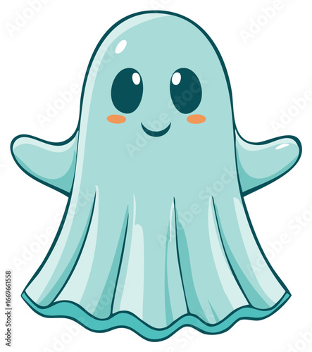 Friendly cartoon ghost illustration in light blue with a smile for Halloween.