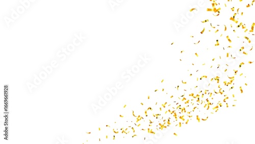 Festive golden streamers scattered in corner on soft white gray gradient elegant background with copy area