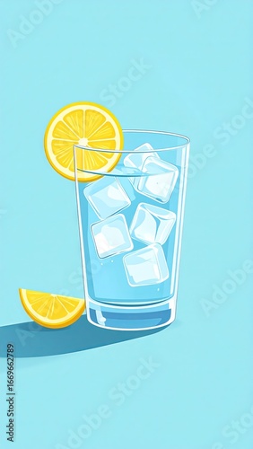 Refreshing lemonade with ice served in a clear glass on a vibrant blue background