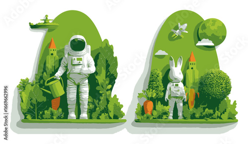 Astronaut and Rabbit in Green Landscape Illustration with Nature Elements