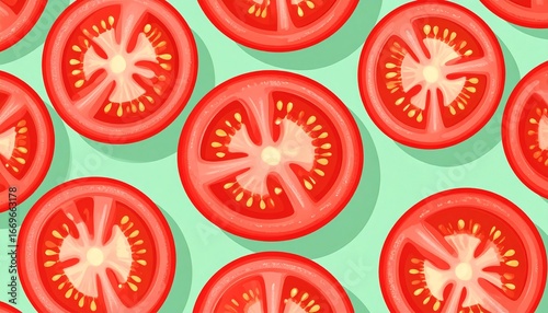 Sliced tomatoes arranged on a turquoise background with vibrant colors for a fresh look