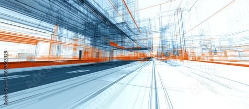 Fototapeta Naklejka Na Ścianę i Meble -  Abstract architectural rendering of a city street, rendered in blue and orange wireframe